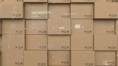 Digital interface with data processing against stack of delivery boxes Stock Footage 157930801
