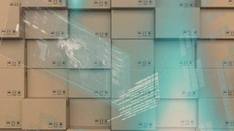 Digital interface with data processing against stack of delivery boxes Stock Footage 157930826