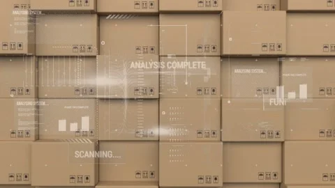 Digital interface with data processing against stack of delivery boxes Stock Footage 157930840
