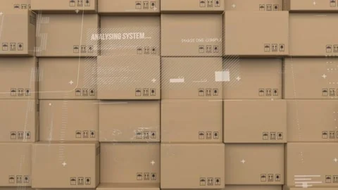 Digital interface with data processing against stack of delivery boxes Stock Footage 157930881