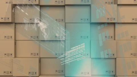 Digital interface with data processing against stack of delivery boxes Stock Footage 157930897