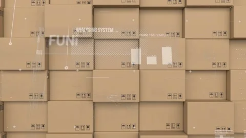 Digital interface with data processing against stack of delivery boxes Stock Footage 157930901