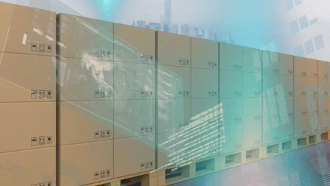 Digital interface with data processing against stack of delivery boxes Stock Footage 157930918