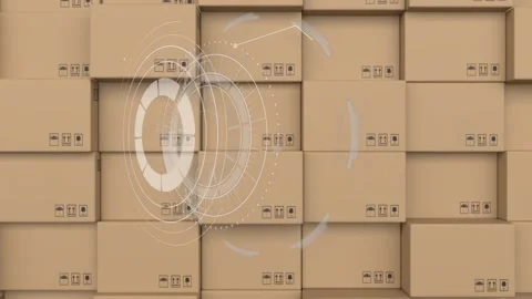 Digital interface with data processing against stack of delivery boxes Stock Footage 157930933