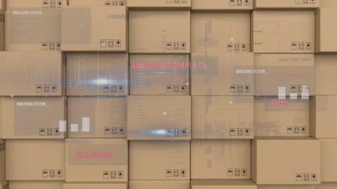 Digital interface with data processing against stack of delivery boxes Stock Footage 157930942