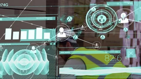 Digital interface with data processing against male worker stacking boxes at Stock Footage 158416774