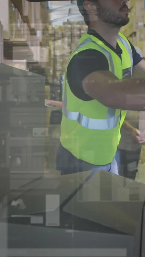 Digital interface with data processing against caucasian male worker man Stock Footage 322880592