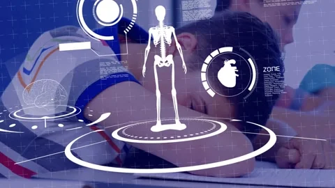 Digital interface with data processing against caucasian boy sleeping in the Stock Footage 328298684
