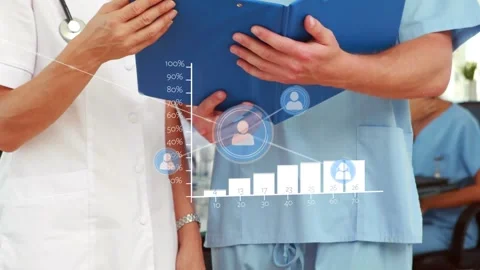 Digital interface with data processing against mid section of two of two Stock Footage 328410711