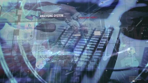 Digital interface with data processing against person typing on computer Stock Footage 329563263