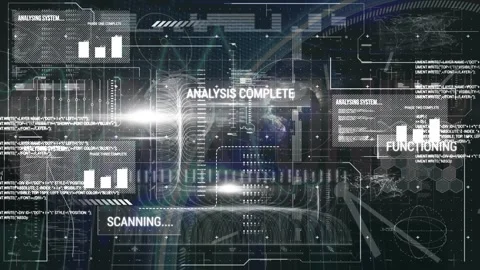 Digital interface with data processing against world map on black background Stock Footage 330255210