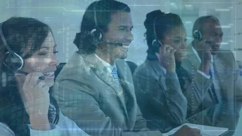 Digital interface with data processing against team of customer care executives Stock Footage 330412729