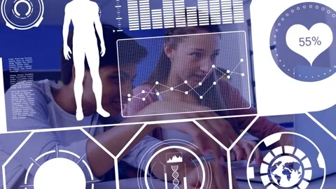 Digital interface with data processing against diverse boy and girl using laptop Stock Footage 330664099