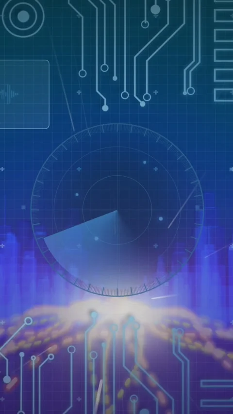 Digital interface with data processing against 3dcity model on blue background Stock Footage 331649608