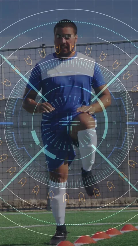 Digital interface with data processing against male soccer player training on Stock Footage 341974695