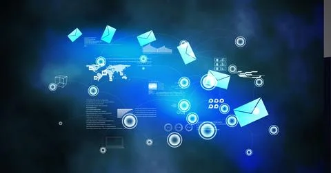 Digital interface with data processing against blue spots of light on black Illustrazione stock