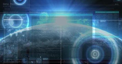 Digital interface with data processing against globe on blue background 스톡 일러스트