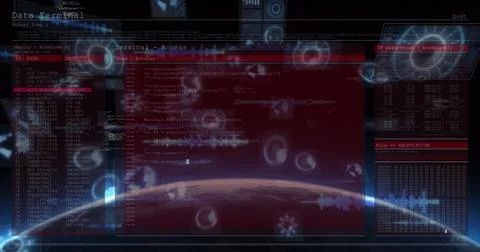 Digital interface with data processing against globe on blue background Stock Illustration