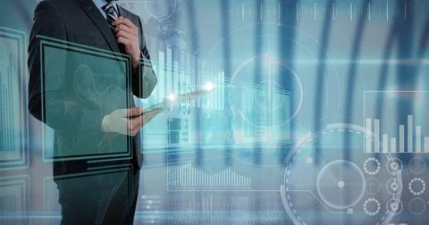 Digital interface with data processing against mid section of businessman using Stockfoto's