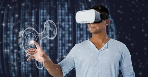 Digital interface with data processing against man using vr headset Foto stock