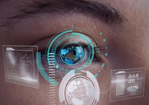 Digital interface with data processing against close up of female human eye Stock Photos
