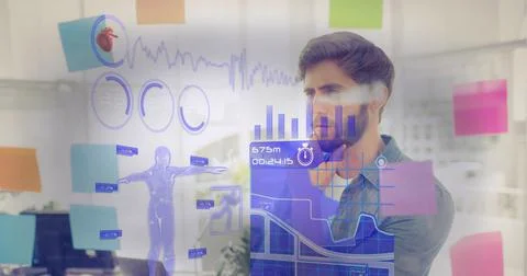 Digital interface with data processing against man reading memo notes at office Stock Photos