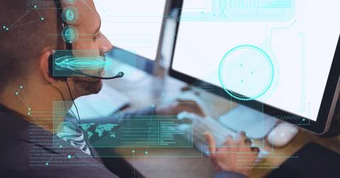 Digital interface with data processing against caucasian man wearing phone Stock Photos