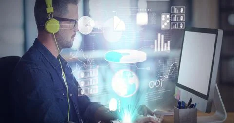Digital interface with data processing against caucasian man wearing headphones Foto stock