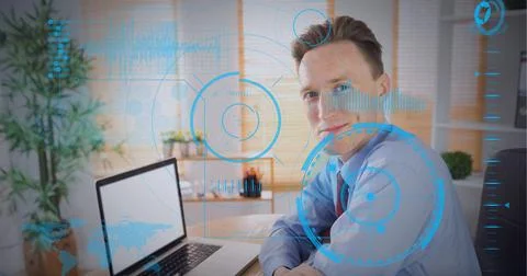 Digital interface with data processing against portrait of caucasian man smiling Stock Photos