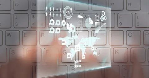 Digital interface with data processing against close up of person typing on Stock Photos