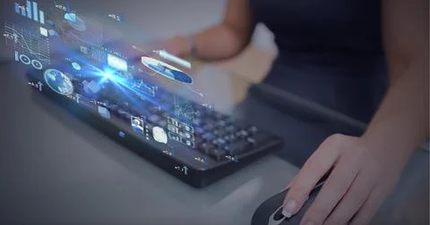 Digital interface with data processing against mid section of woman using Stock Photos