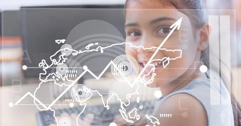 Digital interface with data processing against portrait of girl using computer 스톡 사진