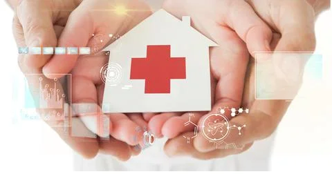 Digital interface with data processing against medical cross symbol on house Stock Photos