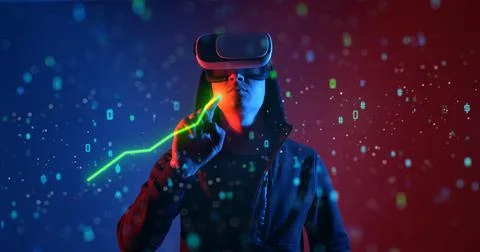Digital interface with data processing against man using vr headset. Man Working Stock Photos