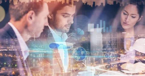 Digital interface with data processing against businesspeople working and view Stock Photos