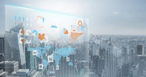 Digital interface with data processing against aerial view of cityscape Stockfoto's