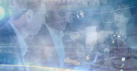 Digital interface with data processing against businesspeople working and view Stock Photos