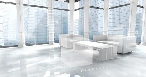 Digital interface with data processing against empty office in background Stock Photos