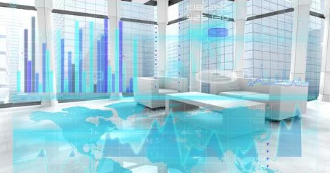 Digital interface with data processing against empty office in background Stock Photos