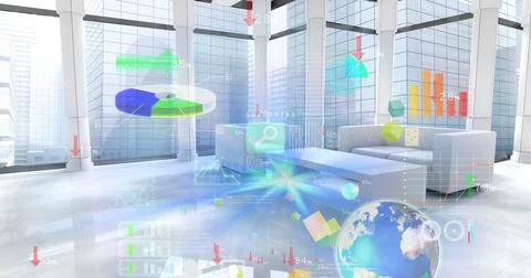 Digital interface with data processing against empty office in background Stock Photos