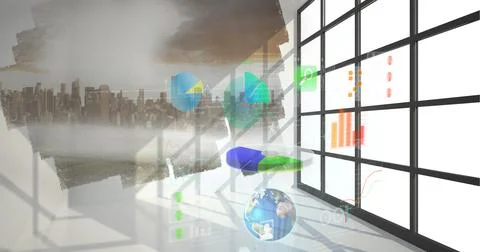 Digital interface with data processing against empty office and aerial view of Stock Photos