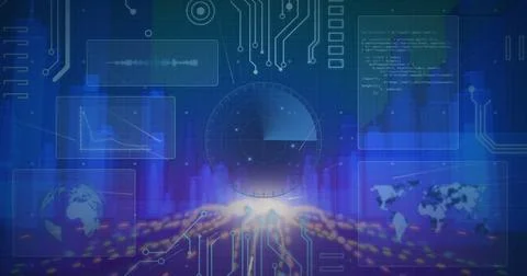 Digital interface with data processing against 3dcity model on blue background 写真素材