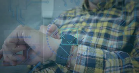 Digital interface with data processing against mid section of man using Stock Photos