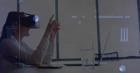 Digital interface with data processing against caucasian woman wearing vr Stock Photos