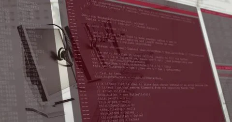 Digital interface data processing against empty office in background Stock Photos