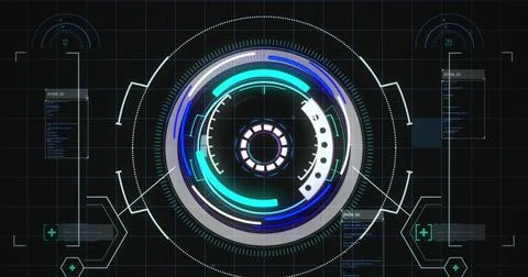 Digital interface with data processing against round scanner against black Stock Photos