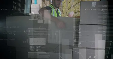 Digital interface with data processing against caucasian male worker man Stock Photos