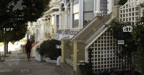 Digital interface with data processing against read view of a woman walking on 스톡 사진