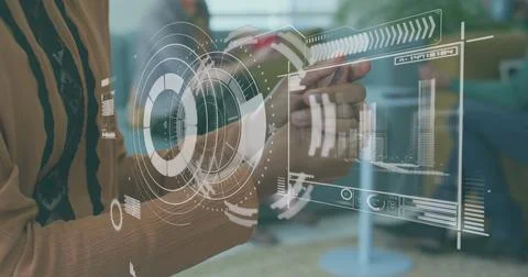 Digital interface with data processing against mid section of woman using hand Stock Photos