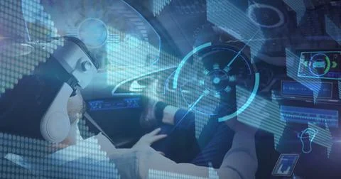 Digital interface with data processing against man wearing vr headset sitting in Foto stock